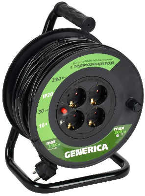 Удлинитель на катушке 4х30м 16А IP20 УК30 2P+PE 3х1.5 термозащита GENERICA WKP20-16-04-30-G